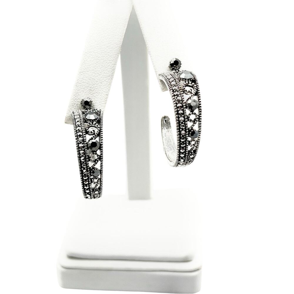 Half Hoop Pierced Earrings Faux Marcasite Smoky Sparkle Silver Tone Art Deco